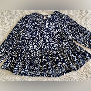 EUC Navy White Floral PeplumTop w/ Slight Hi-Lo Hem Women's Large